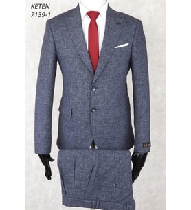 Keten Pileli Pantolon  Slim Fit Sivri  Yaka-Çift Yırtmaç Fileli Astar Drop 6  Takım Elbise