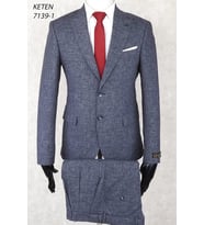 Keten Pileli Pantolon  Slim Fit Sivri  Yaka-Çift Yırtmaç Fileli Astar Drop 6  Takım Elbise (Lacivert)