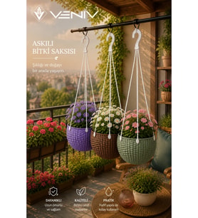 2’li Alt Tabaklı Rattan Desenli Askılı Saksı 2 Litre Dekoratif Şık Tasarım