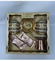 Taş İşlemeli Lüks Türk Kahvesi Seti – Bakır Cezveli, Ahşap Kutulu (Çok Renkli-Naturel)