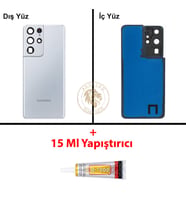 Samsung Galaxy S21 Ultra Gümüş Renk Lensli Arka Kapak + B7000 Yapıştırıcı Arka Cam Batarya Kapağı Pil Kapağı Lazer Kesim Back Cover Galaxy S21 Ultra Uyumlu