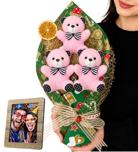 Kişiye Özel Fotoğraflı Yeşil Tasarım Buket İçerisinde Pembe Peluş Ayıcık Buketi