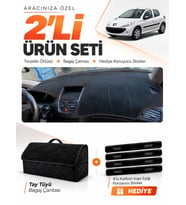 PEUGEOT 206+ (2009-2013) Uyumlu Torpido Örtüsü + Tay Tüyü Bagaj Çantası + Sticker Seti - Siyah