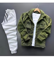 Unisex Haki Peluş Polar Hırka Gömlek Gri Eşofman Altı Takım (Haki - Açık Gri)