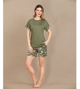 Amora Secret Şık Tasarım Çiçek Desenli Yeşil Şortlu Kısa Kol Viskon Pijama Takımı