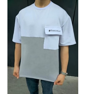 Unisex Torba Cep Detaylı Parçalı T-Shirt - Gri