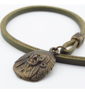 Kızılderili Şef Mitolojik Bronz Metal Haki Yeşil  Deri Erkek Kolye Q0945