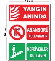 Metal Yangın Anında Asansörü Kullanmayın Merdivenleri Kullanın 15cm x 20cm Uyarı Levhası Yönlendirme