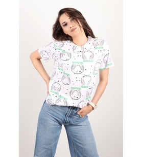 Kadın Baskılı Bisiklet Yaka Oversize T-shirt