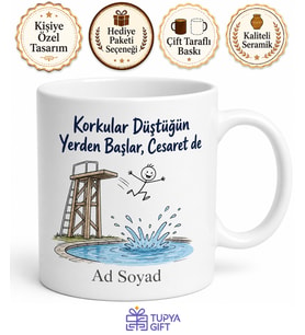 Atlama Kulesi Havuza Düşüş Çizimli Cesur Kupa Hediye Bardak