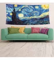 Yıldızlı Geceler Van Gogh Desenli Leke Tutmaz Kadife Dokulu Kumaş Duvar Örtüsü Duvar Halısı Tapestry (Mavi-Sarı)