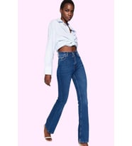 Kadın Yüksek Bel Uzun Boy Flare Jean Denim Günlük Kombinler Hafta Sonu Yaz Aylarının Vazgeçilmezi (Koyu Mavi)