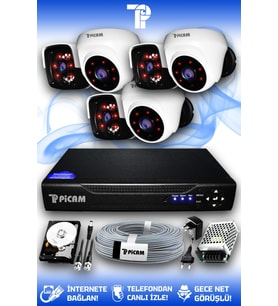 PICAM 6 Kameralı Panda 3 İç Kamera Set 250 GB HDD Full HD Gece Görüşlü Güvenlik Kamerası Sistemi