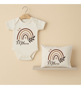 Pia Baby Premium %100 Pamuk İsme Özel Organik Baskılı Çıtçıtlı Bebek Body Ve Yastık Kılıfı 5086-19 (Ekru)