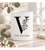 Kişiye Özel Baş Harf ve İsim Yazılı Estetik Yapyak Desenli Seramik Kupa Bardak
