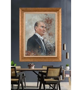 Altın Varaklı Çerçeveli Paspartulu Atatürk Tablo nh190 (Gold)
