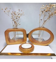 Masaüstü Minimal 2'li Vazo Seti, Yuvarlak-Kare Formlu, Cam Tüplü Vazo (Gold)
