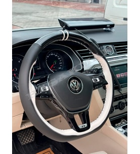 Vw Golf 7.5 Dikme Direksiyon Kılıfı Parlak Siyah Beyaz Detaylı Beyaz Çift Yüzük ve Dikiş 2017-2020