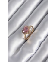 Pirinç Gold Renk Pembe Zirkon Taş Kalp Charm Model Kadın Yüzük TJ-BYK2955