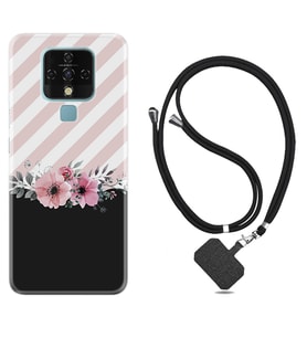 Tecno Camon 16 18P Pova Kılıf Boyun Askılı Silikon Strip Pink Flowers 1396