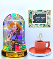 Renkli Türk Kahvesi Fincanı ve Renkli Led Işıklı Fotoğraflı Yazılı Fanus Hediye Seti - Turuncu Fincanlı (Model 7)