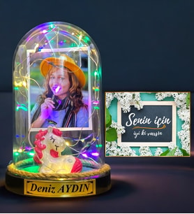 Size Özel Fotoğraflı İsimli Led Işıklı Fanus ve İyi Ki Varsın Hediye Kartı (Model 10)