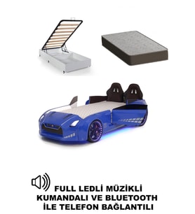 Mavi Arabalı Yatak Kapıları Açılan GTR Full Ledli Kumandalı ve Müzikli + Baza+ Ortopedik Yatak