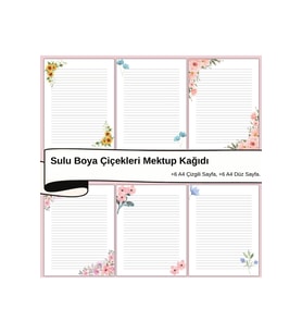 Sulu Boya Çiçekleri Mektup Not Kağıdı, +6 Düz kağıt +6 Çizgili Kağıt (A4 Boyut)