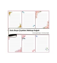 Sulu Boya Çiçekleri Mektup Not Kağıdı, +6 Düz kağıt +6 Çizgili Kağıt (A4 Boyut)