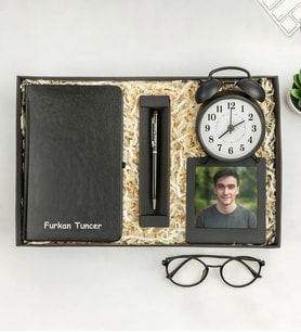 Kişiye Özel Fotoğraflı Çerçeve,Defter,Kalem Ve Masa Saati (Siyah)