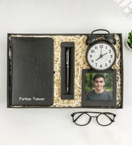 Kişiye Özel Fotoğraflı Çerçeve,Defter,Kalem Ve Masa Saati (Siyah)