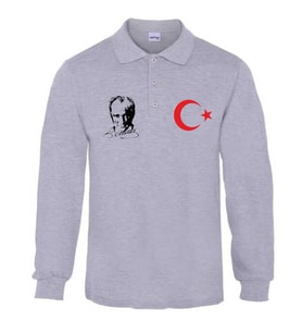 ATATÜRK-AY YILDIZ BASKILI POLO YAKA UZUN KOL TİŞÖRT (Gri)