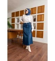 2254-Denim Klasik Etek Koyu Mavi