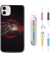 Apple iPhone 11 12 13 Mini Kılıf Kablo Koruma Spiral Silikon Kurt ve Ay Yıldız 1403