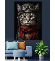 Pilot Gözlüklü Karizmatik Kedi Portresi Dekoratif Kanvas - Mdf Ahşap Tablo