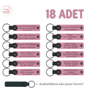 Pembe & Lacivert, Ayrı Ayrı İsim Yazılabilir 18'li Set, Kişisel Mesajlı Hediye Deri Anahtarlık