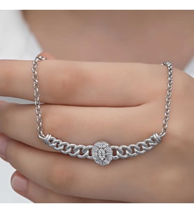 Gümüş Gurmet Zincirli Oval Baget Taşlı Kadın Kolye