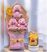 Büyük Pembe Peluş Ayıcık Buketi ve Led Işıklı Peluş Ayıcıklı Fanus  Ayıcık Buketi