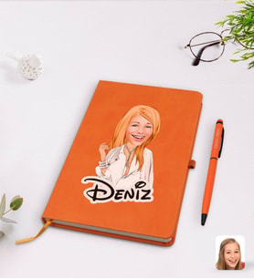 BK Gift Kişiye Özel Kadın Model Karikatürlü Turuncu Termo Deri Defter Kalem Seti Model 2