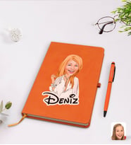 BK Gift Kişiye Özel Kadın Model Karikatürlü Turuncu Termo Deri Defter Kalem Seti Model 2