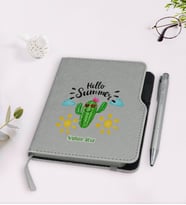 BK Gift Kişiye Özel Kaktüs Tasarımlı Gri Termo Deri Defter Kalem Seti-8