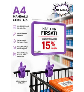10 Adet - A4 Mandallı Fiyatlık Etiketlik Sepet Raf Askılık Fiyat Etiketi Çerçeveli Market Mağaza Mor