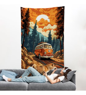 Retro Volkswagen Minibüs Ve Manzara Duvar Örtüsü-7811