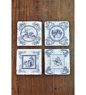 Doğal Taş Bardak Altlığı 4'lü Set 10x10x1 cm Ünlü Mavi Desenler -Stone Coasters