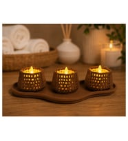 Alvera Dekoratif Mumluk Seti – Desenli Tealight ve Masaüstü Aydınlatma Objesi - Kahverengi