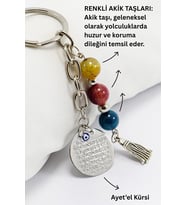 Doğal Taşlı Metal Ayetel Kürsi Dualı Anahtarlık, Farklı Renklerde Akik Taşları Çanta Süsü (Standart)