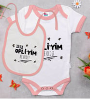 BK Kids Ofliyim Ne Oldi Tasarımlı Pembe Bebek Body Zıbın ve Mama Önlüğü Hediye Seti-1