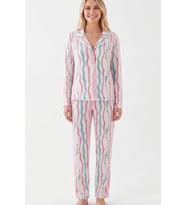 Çizgili Milano Örme Önden Düğmeli Gömlek Yaka Uzun Kollu Pijama Takımı Toz Pembe Çizgili