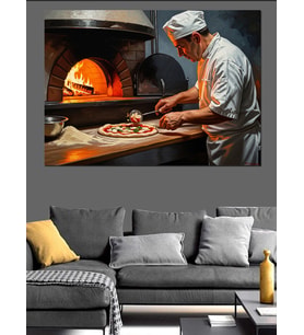 Taş Fırında Pizza Pişiren Usta Dekoratif Kanvas - Mdf Ahşap Tablo