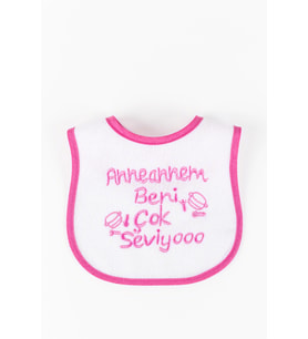 Anneannem Beni Çok Seviyo Yazılı Kız Bebek Su Geçirmez Mama Önlüğü (Pembe)